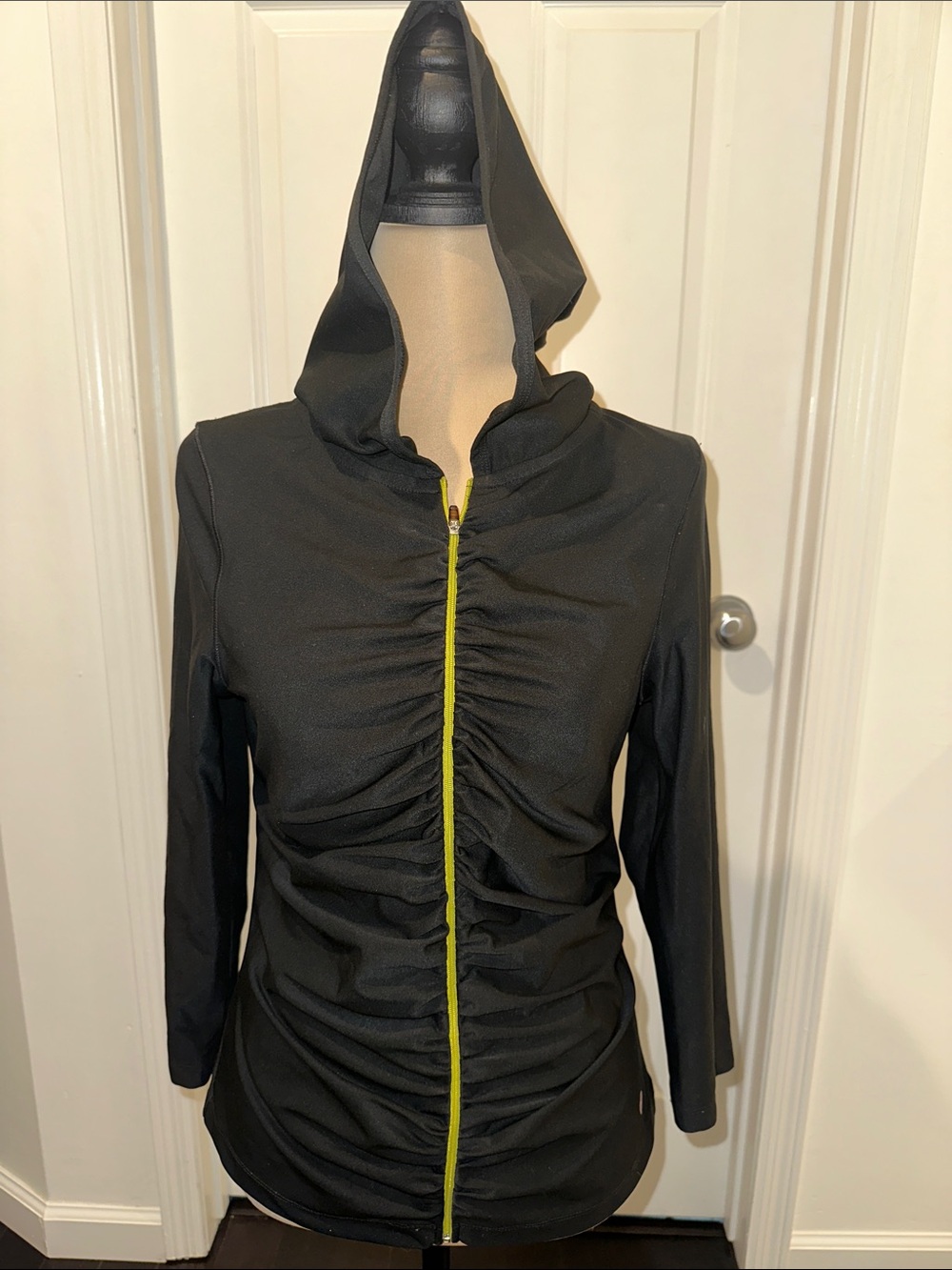 Vogo Athlecia Black Hooded Ruched Zip Jacket with Neon Yellow Trim